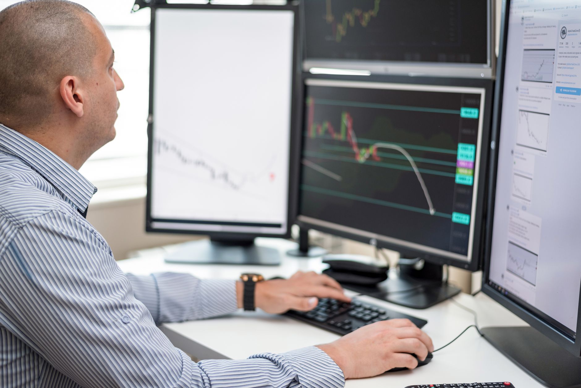 A trader reviewing charts on a monitor beside a laptop showing a search campaign, illustrating Google Ads search intent for funded-trader offers.
